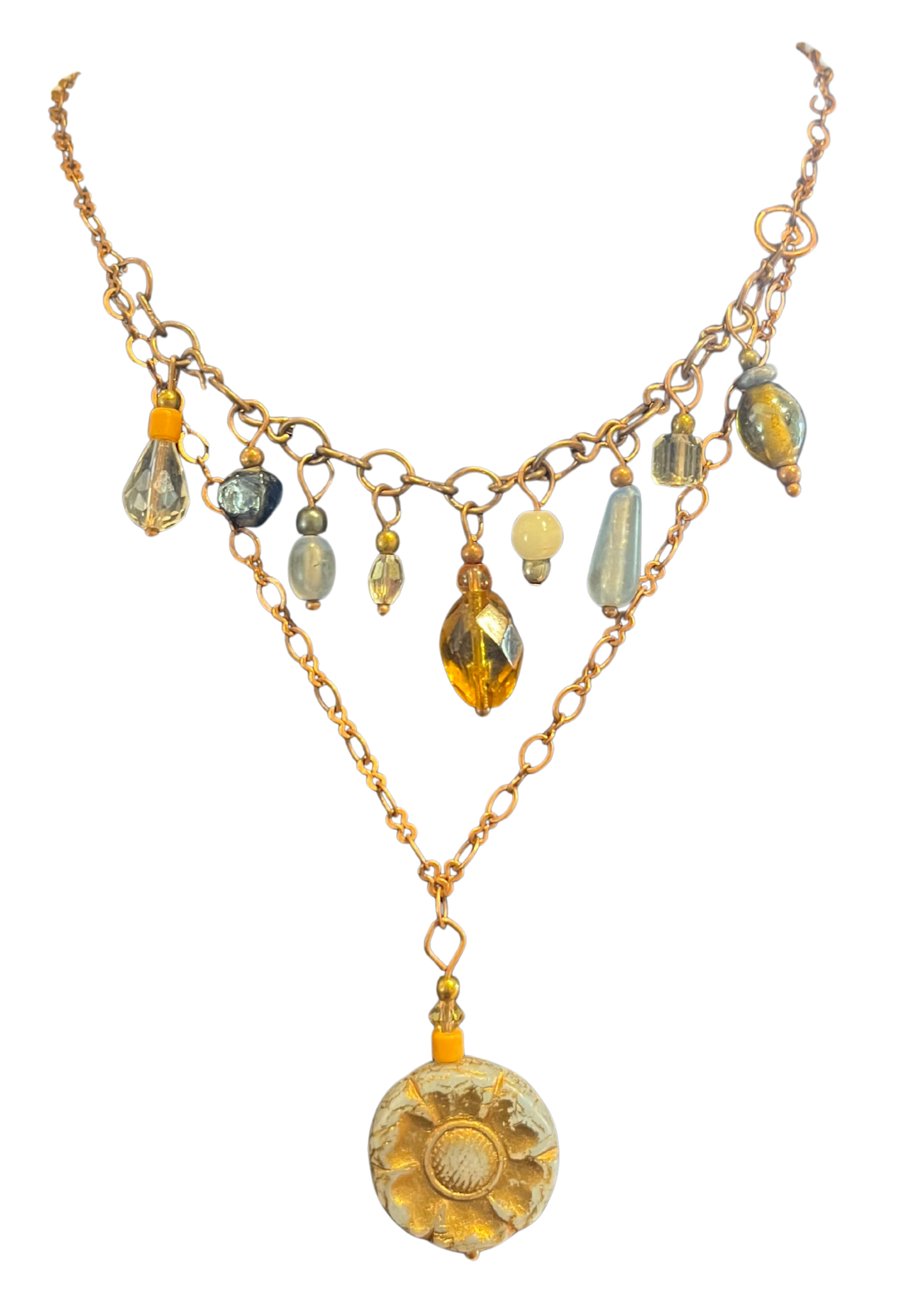 VGJ |  2 Tier Necklace w Czech Glass Sunflower and Vintage Glass Beads on Copper