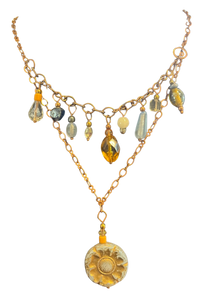 VGJ |  2 Tier Necklace w Czech Glass Sunflower and Vintage Glass Beads on Copper