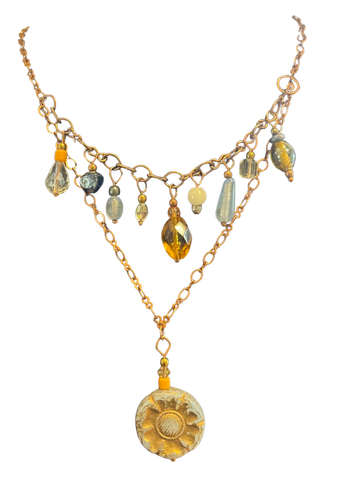 VGJ |  2 Tier Necklace w Czech Glass Sunflower and Vintage Glass Beads on Copper