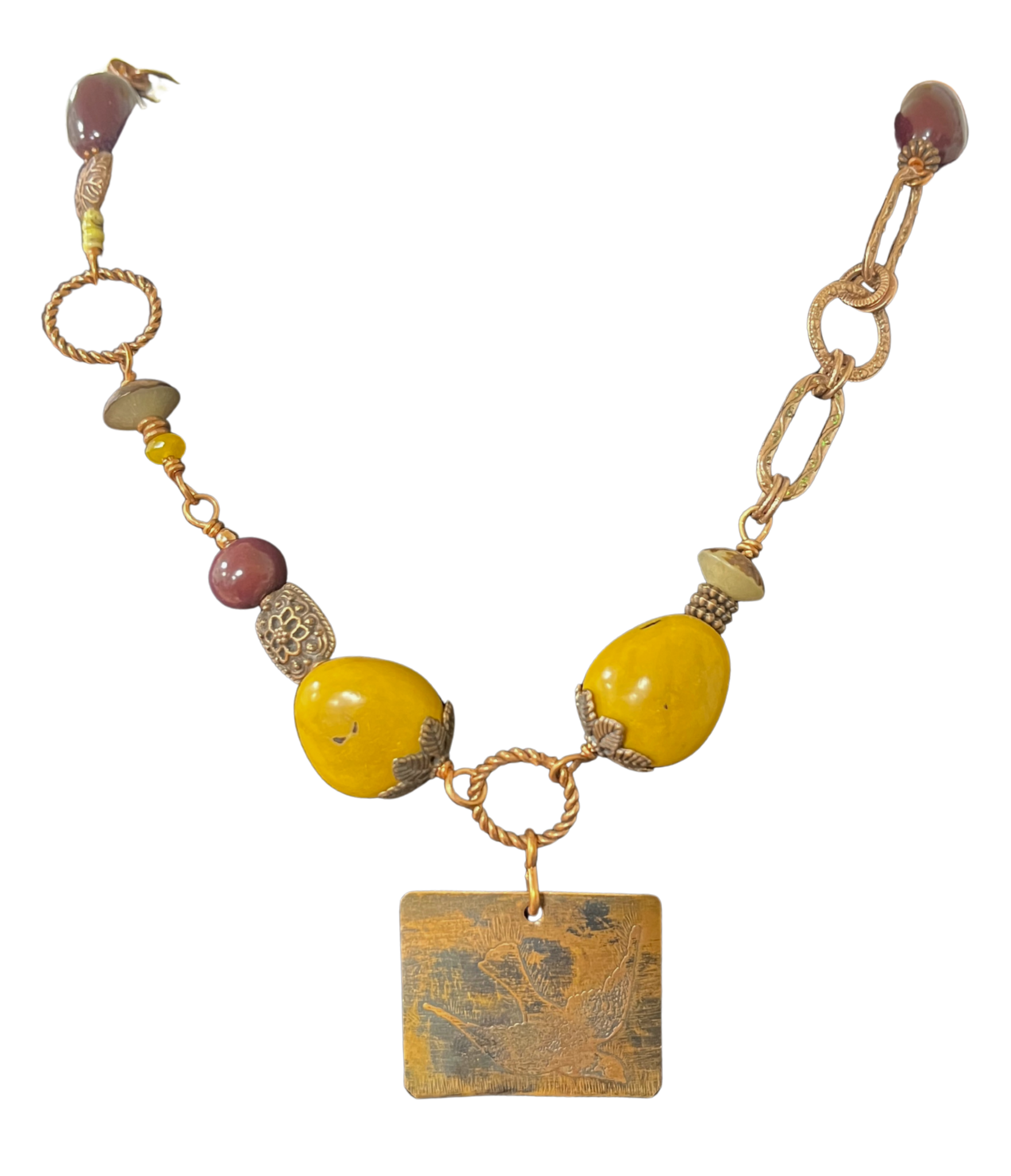 LK - Square Coppet Pendant w Brown Yellow Beads 25" Necklace