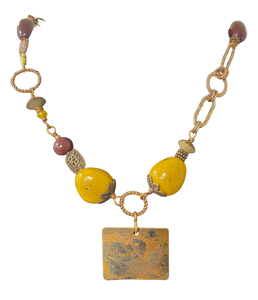 LK - Square Coppet Pendant w Brown Yellow Beads 25" Necklace