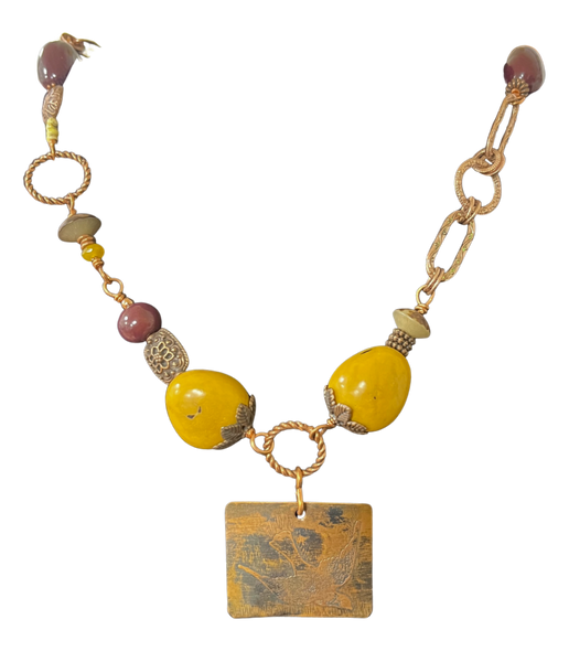 LK - Square Coppet Pendant w Brown Yellow Beads 25" Necklace