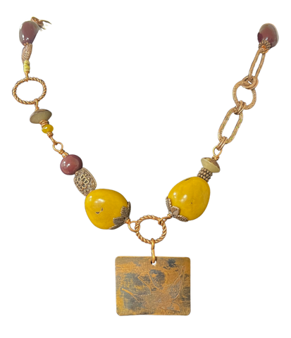 LK - Square Coppet Pendant w Brown Yellow Beads 25" Necklace
