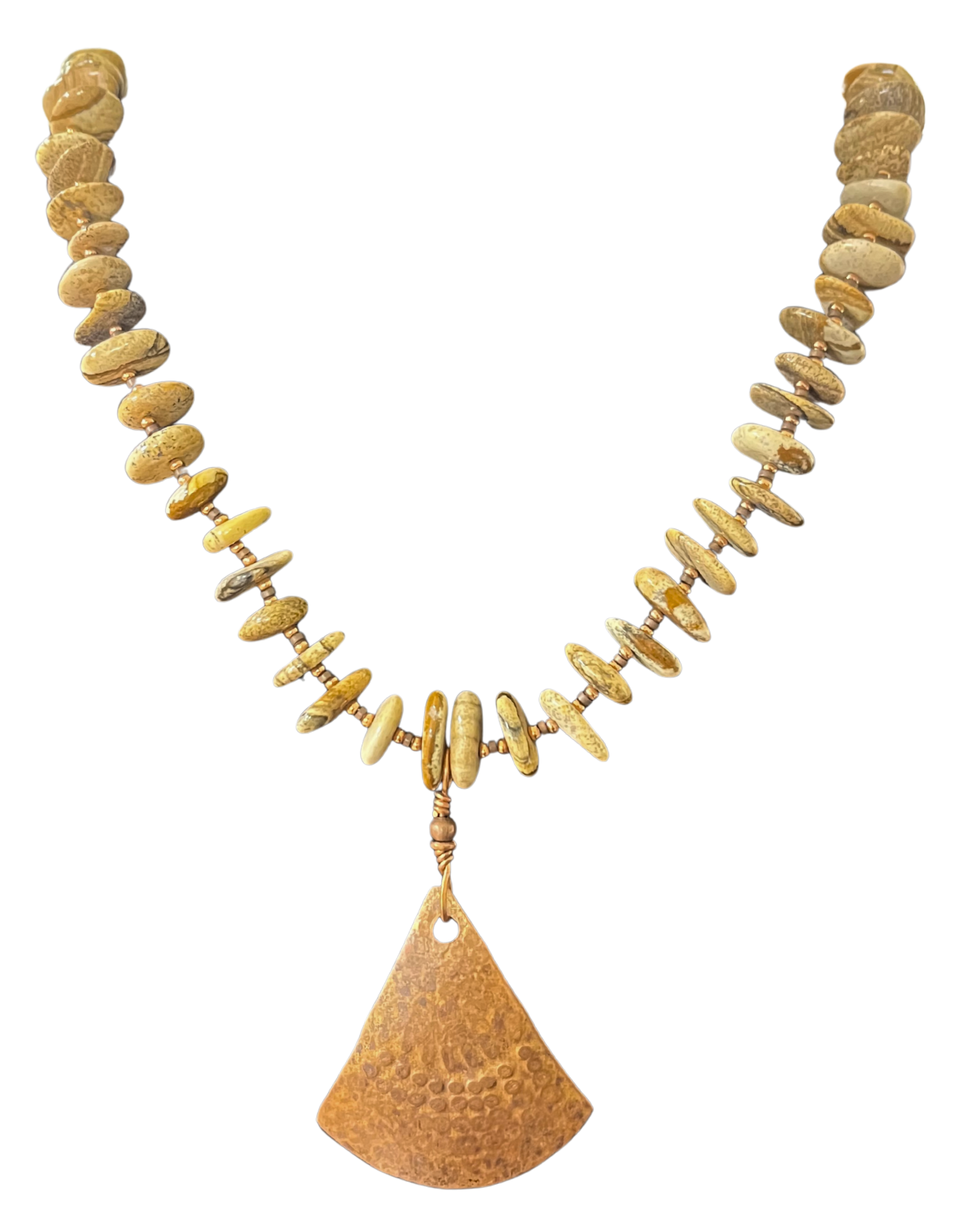 LK - Tan Stones w Copper Triangle 27" Necklace