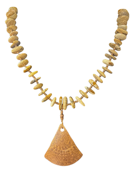 LK - Tan Stones w Copper Triangle 27" Necklace