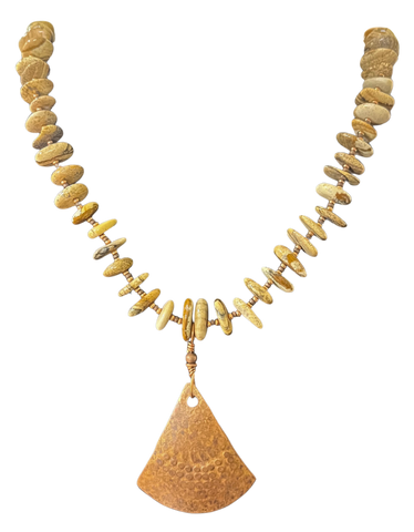 LK - Tan Stones w Copper Triangle 27" Necklace