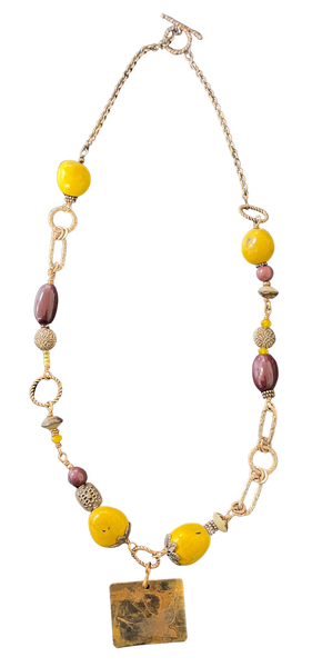 LK - Square Coppet Pendant w Brown Yellow Beads 25" Necklace