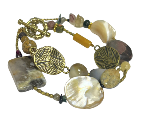LK - Dual Row Multi Color Bead w Gold Clasp Bracelet
