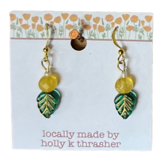 VGJ |  Semi Precious Yellow Stonr w Czech Glass Leaf Earrings