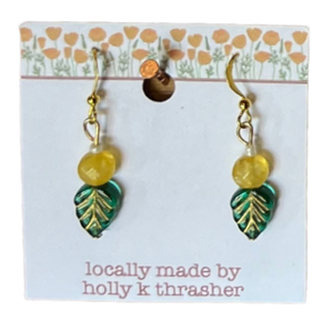 VGJ |  Semi Precious Yellow Stonr w Czech Glass Leaf Earrings