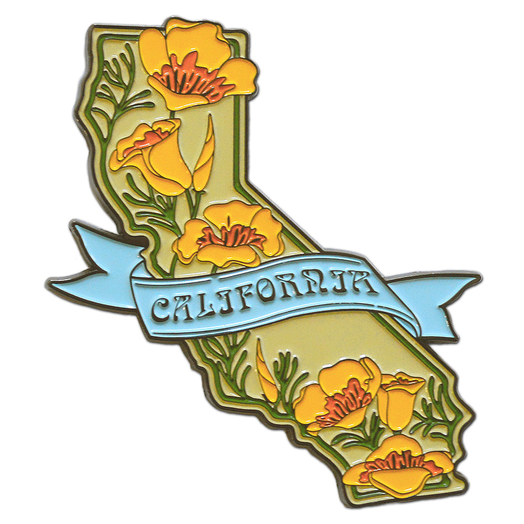 CA State with Poppies - Enamel Magnet